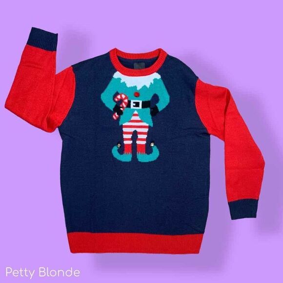 H&M Christmas Sweater Mens M Red Blue Funny Elf Holiday Party Ugly Knit Pullover - Picture 1 of 6
